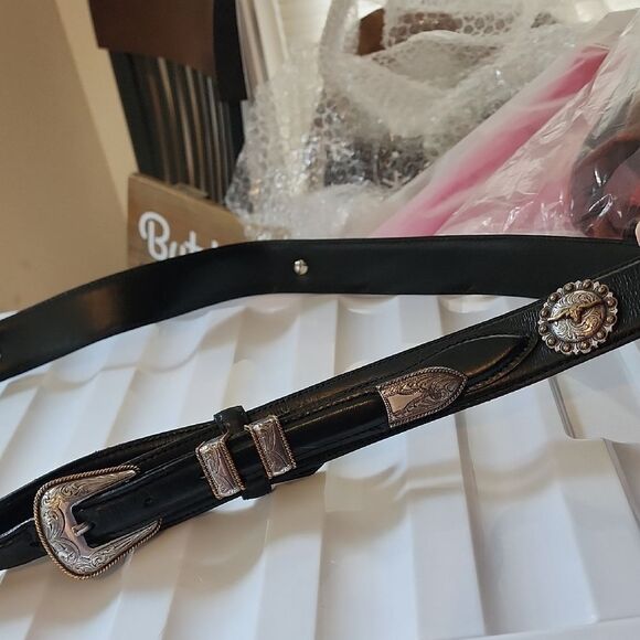 Black Leather Belt with Silver Accents